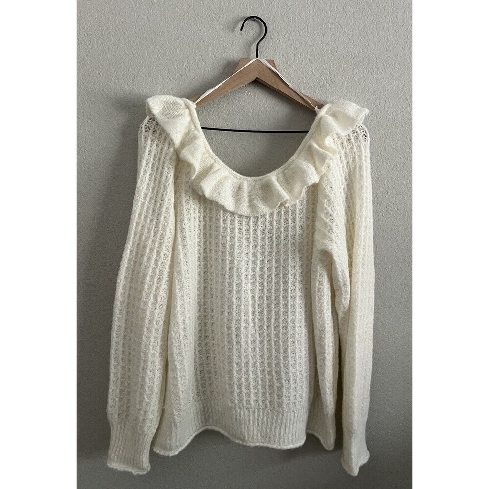 Anthropologie Cream Ruffle-Neck Knit Sweater
